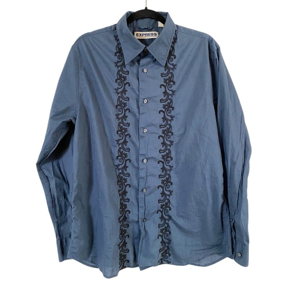 Express Mens Precision Fit Y2K Teal Blue Western Vibe Embroidered Button‎ Down L